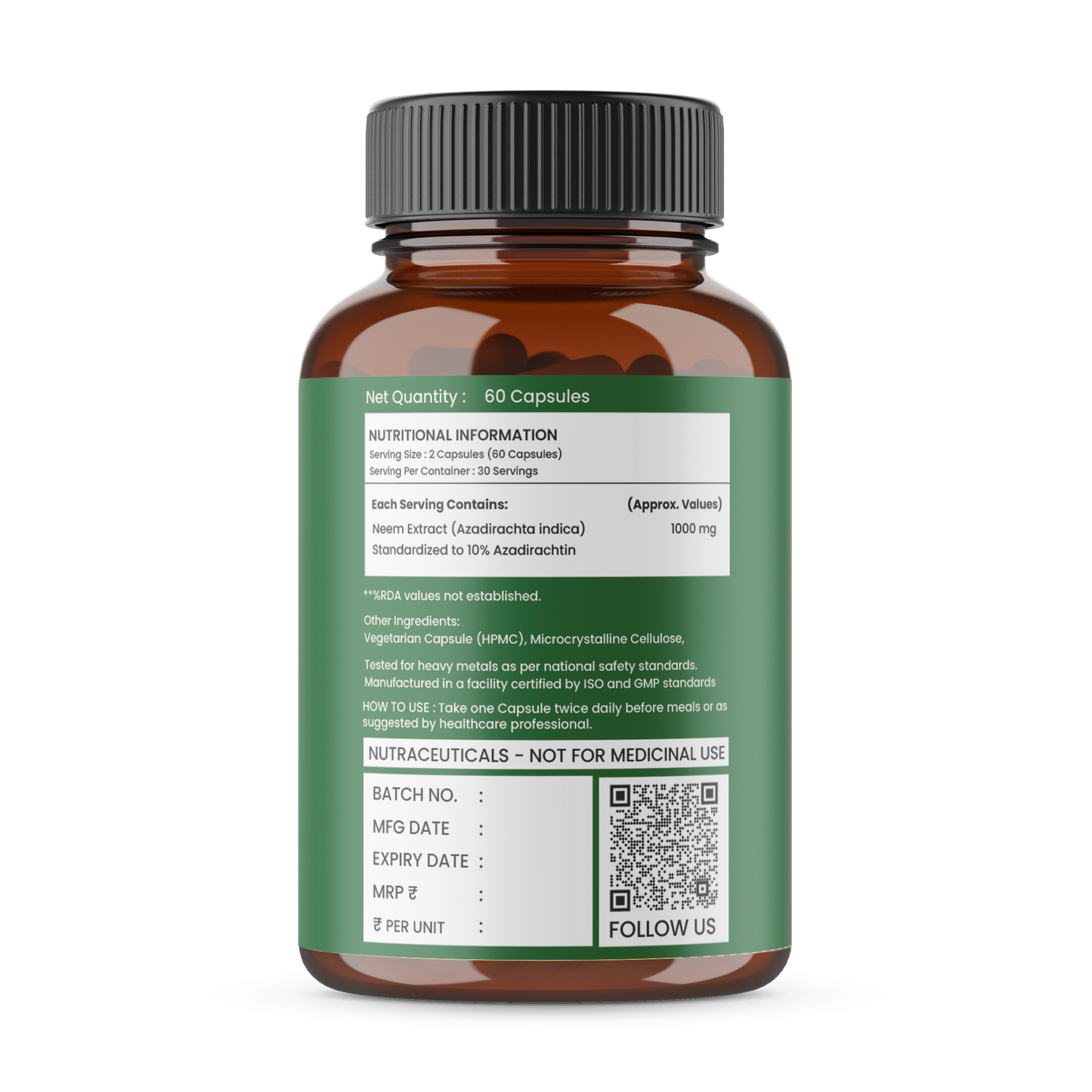 Neem Extract Capsules ā Standardized to 10% Azadirachtin | Detox ā 60 Veg Capsules