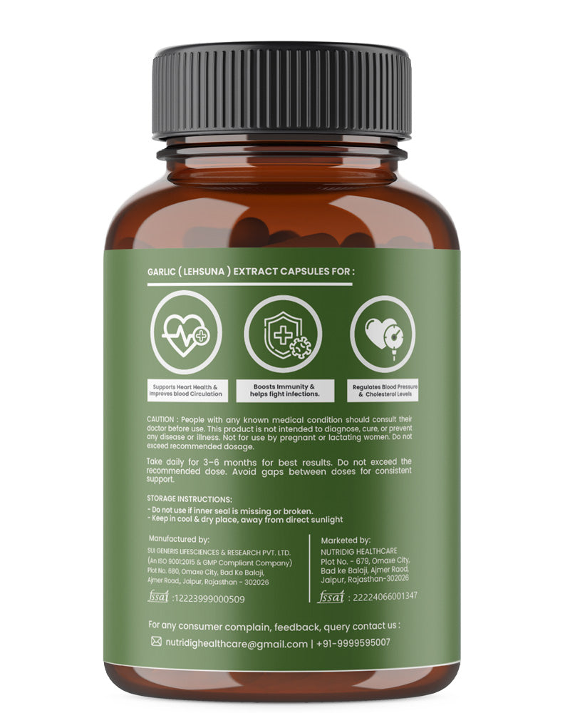 Garlic Pure Extract Capsules | Heart Health, Cholesterol & Immunity Support - 60 Capsules
