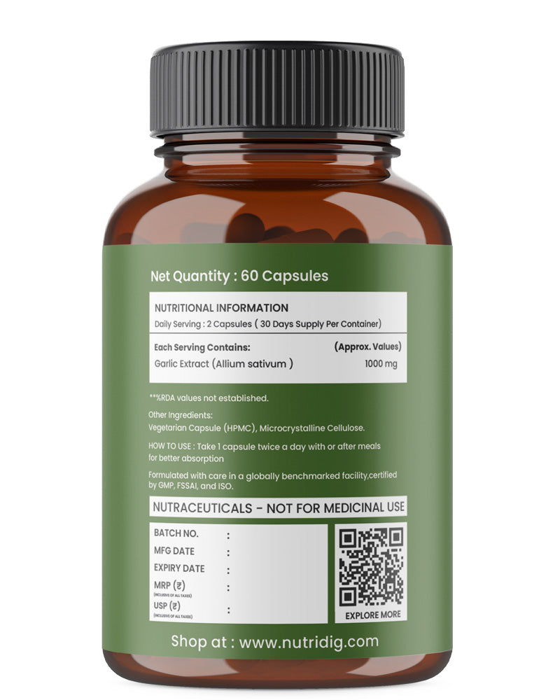 Garlic Pure Extract Capsules | Heart Health, Cholesterol & Immunity Support - 60 Capsules
