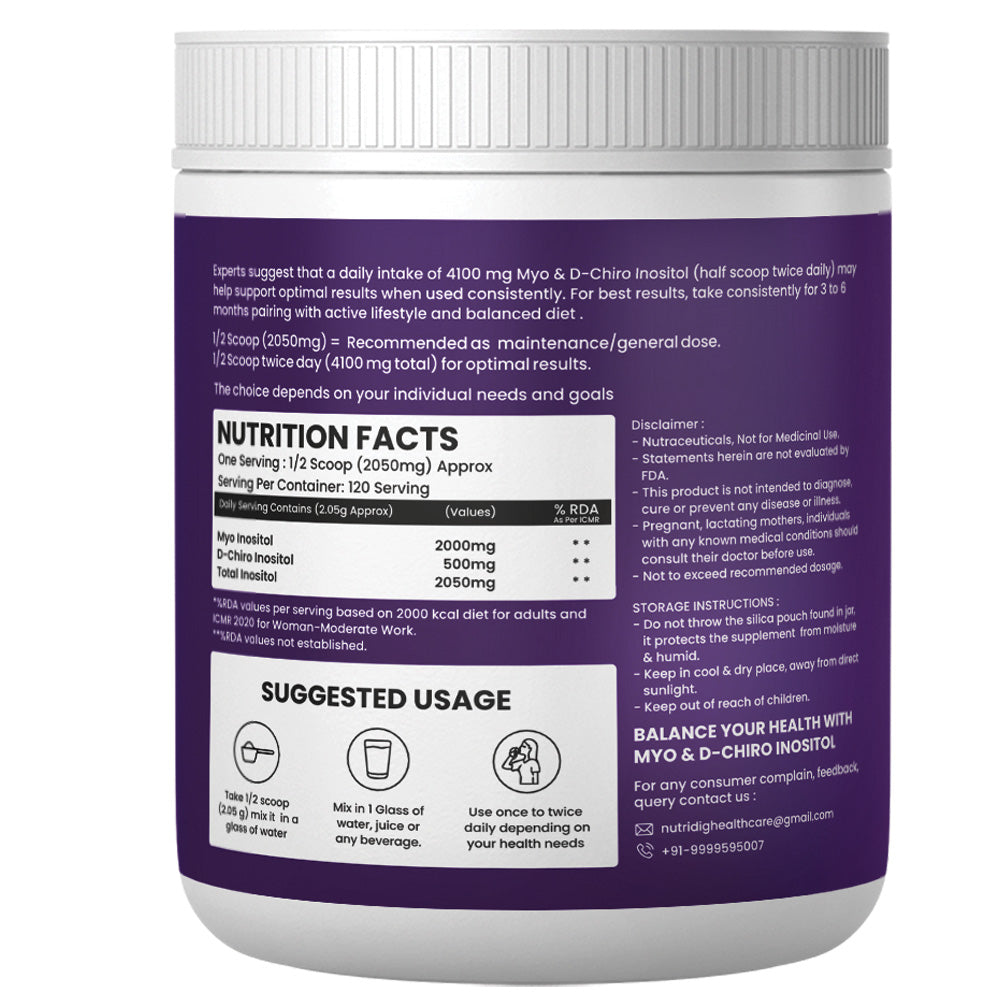 Nutridig® Myo-Inositol & D-Chiro Inositol Powder – 40:1 Ratio | PCOS, Hormonal Balance & Welless - 250gm