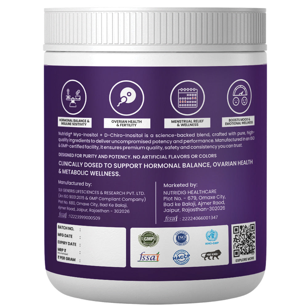 Nutridig® Myo-Inositol & D-Chiro Inositol Powder – 40:1 Ratio | PCOS, Hormonal Balance & Welless - 250gm