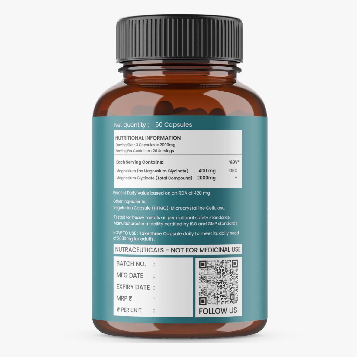Magnesium Glycinate | Sleep, Muscle & Brain Relaxation | Higher Absorption, 22% Elemental | 60 Capsules