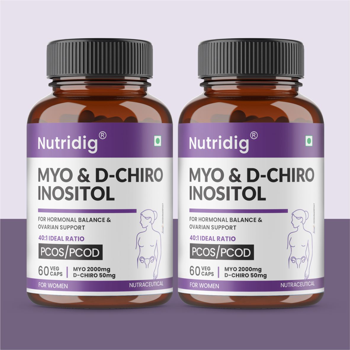 Nutridig® Myo-Inositol & D-Chiro Inositol Capsules – 40:1 Ratio | PCOD, Hormonal Balance & Wellness - 60 Caps