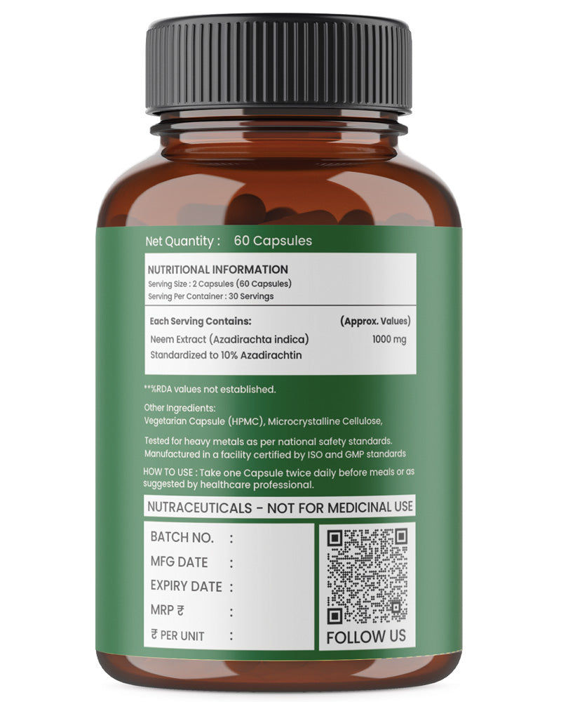 Neem Extract Capsules ā Standardized to 10% Azadirachtin | Detox ā 60 Veg Capsules