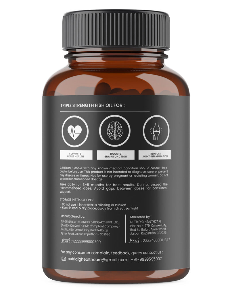 Triple Strength Omega-3 Fish Oil Softgels – 2500mg Serving | High Potency - 60 Softgels