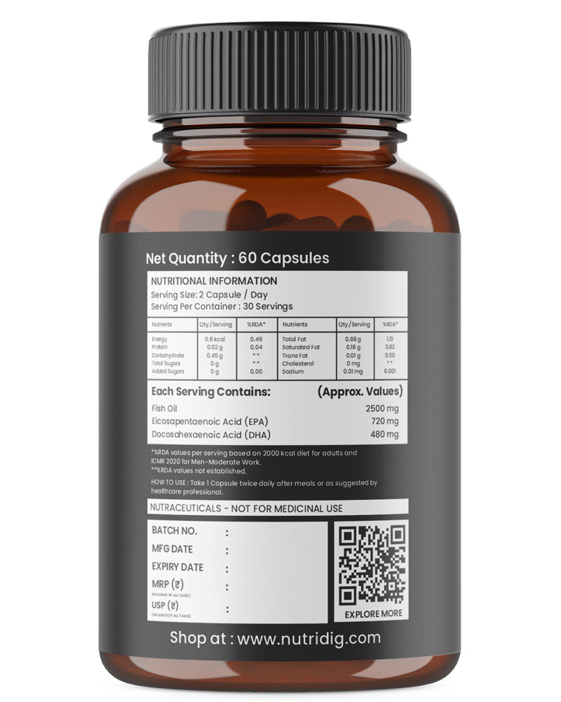Triple Strength Omega-3 Fish Oil Softgels – 2500mg Serving | High Potency - 60 Softgels