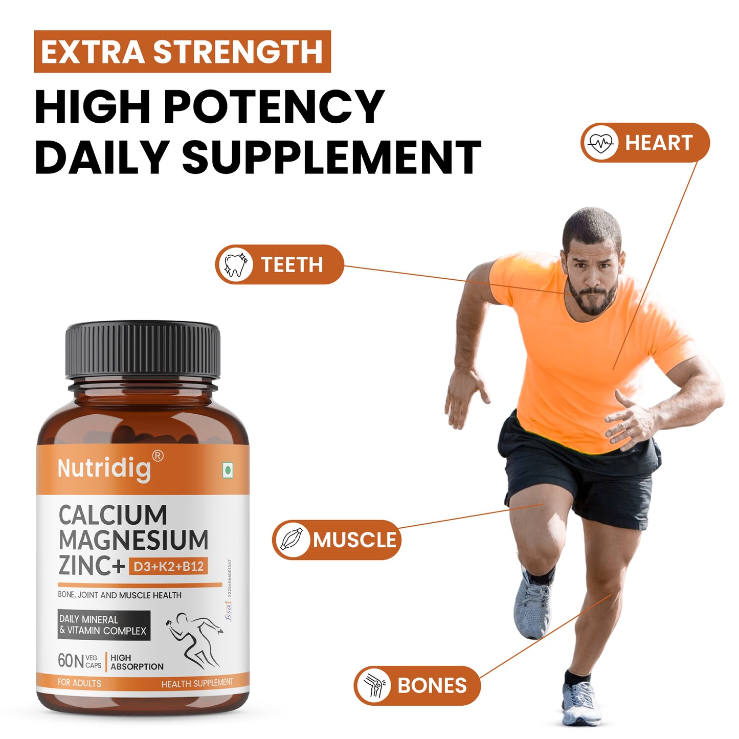 Calcium, Magnesium, Zinc with Vitamin D3, K2 & B12 | Complete Bone, Joint & Muscle Support | 60 Capsules