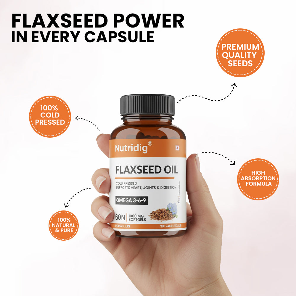 Flaxseed Oil Softgel 1000 mg โ Omega 3-6-9 for Heart, Joint & Skin โ 60 Softgels