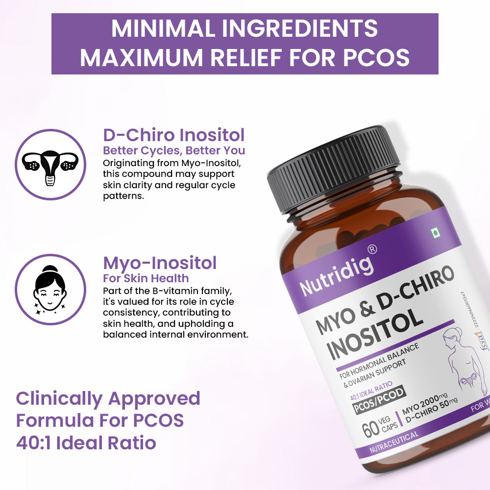 Nutridig® Myo-Inositol & D-Chiro Inositol Capsules – 40:1 Ratio | PCOD, Hormonal Balance & Wellness - 60 Caps