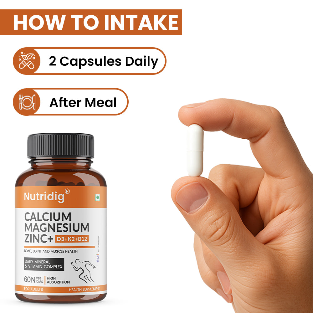 Calcium, Magnesium, Zinc with Vitamin D3, K2 & B12 | Complete Bone, Joint & Muscle Support | 60 Capsules