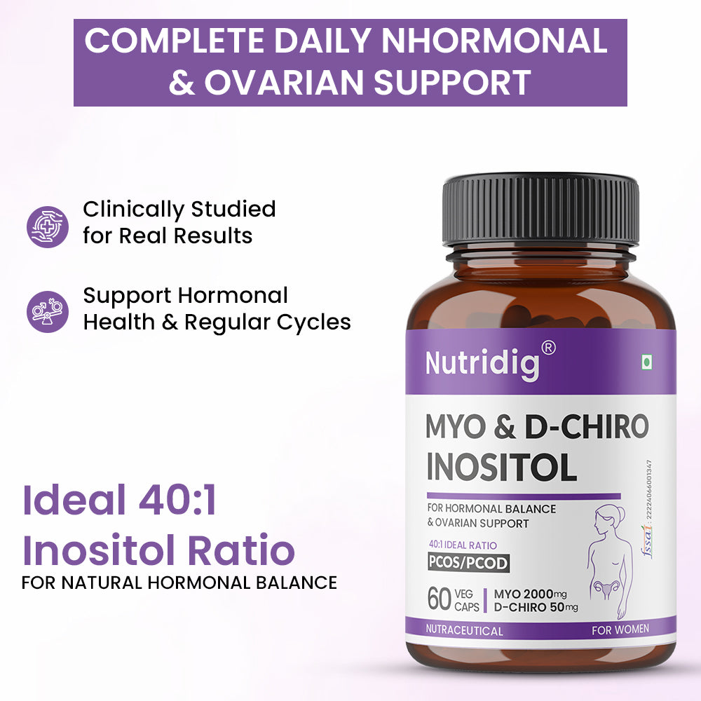 Nutridig® Myo-Inositol & D-Chiro Inositol Capsules – 40:1 Ratio | PCOD, Hormonal Balance & Wellness - 60 Caps