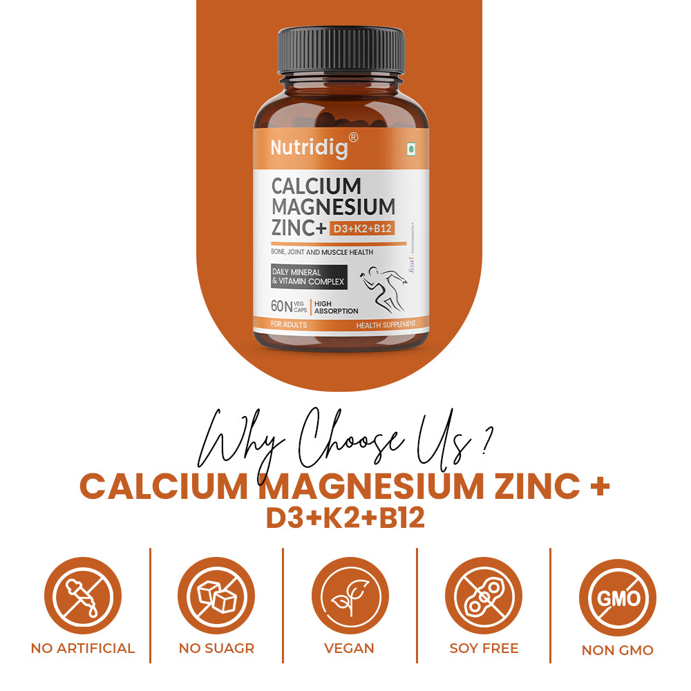 Calcium, Magnesium, Zinc with Vitamin D3, K2 & B12 | Complete Bone, Joint & Muscle Support | 60 Capsules