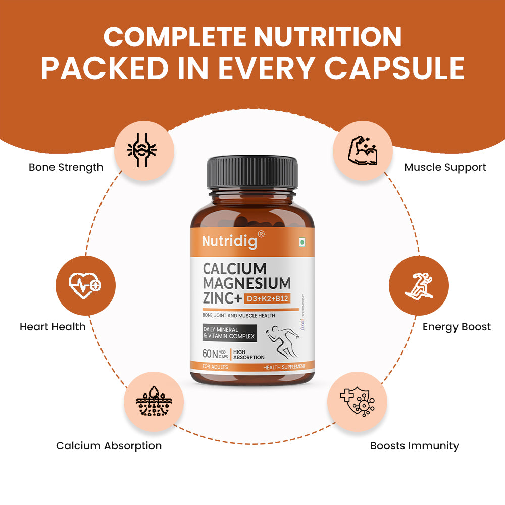 Calcium, Magnesium, Zinc with Vitamin D3, K2 & B12 | Complete Bone, Joint & Muscle Support | 60 Capsules