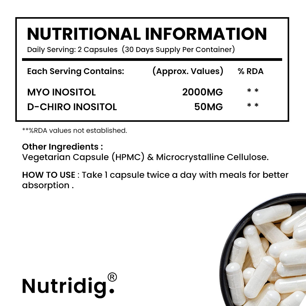 Nutridig® Myo-Inositol & D-Chiro Inositol Capsules – 40:1 Ratio | PCOD, Hormonal Balance & Wellness - 60 Caps