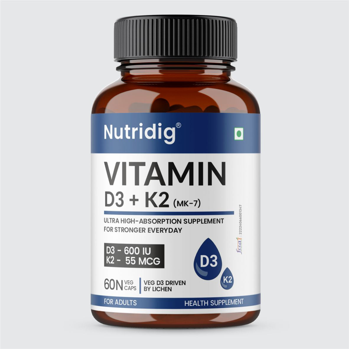 Vitamin D3 + K2 Capsules (Vegan Source) | High Absorption - 60 Capsules