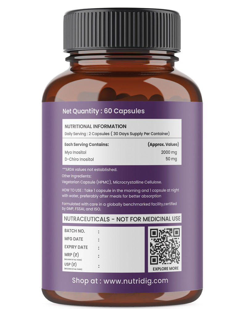 Nutridig® Myo-Inositol & D-Chiro Inositol Capsules – 40:1 Ratio | PCOD, Hormonal Balance & Wellness - 60 Caps