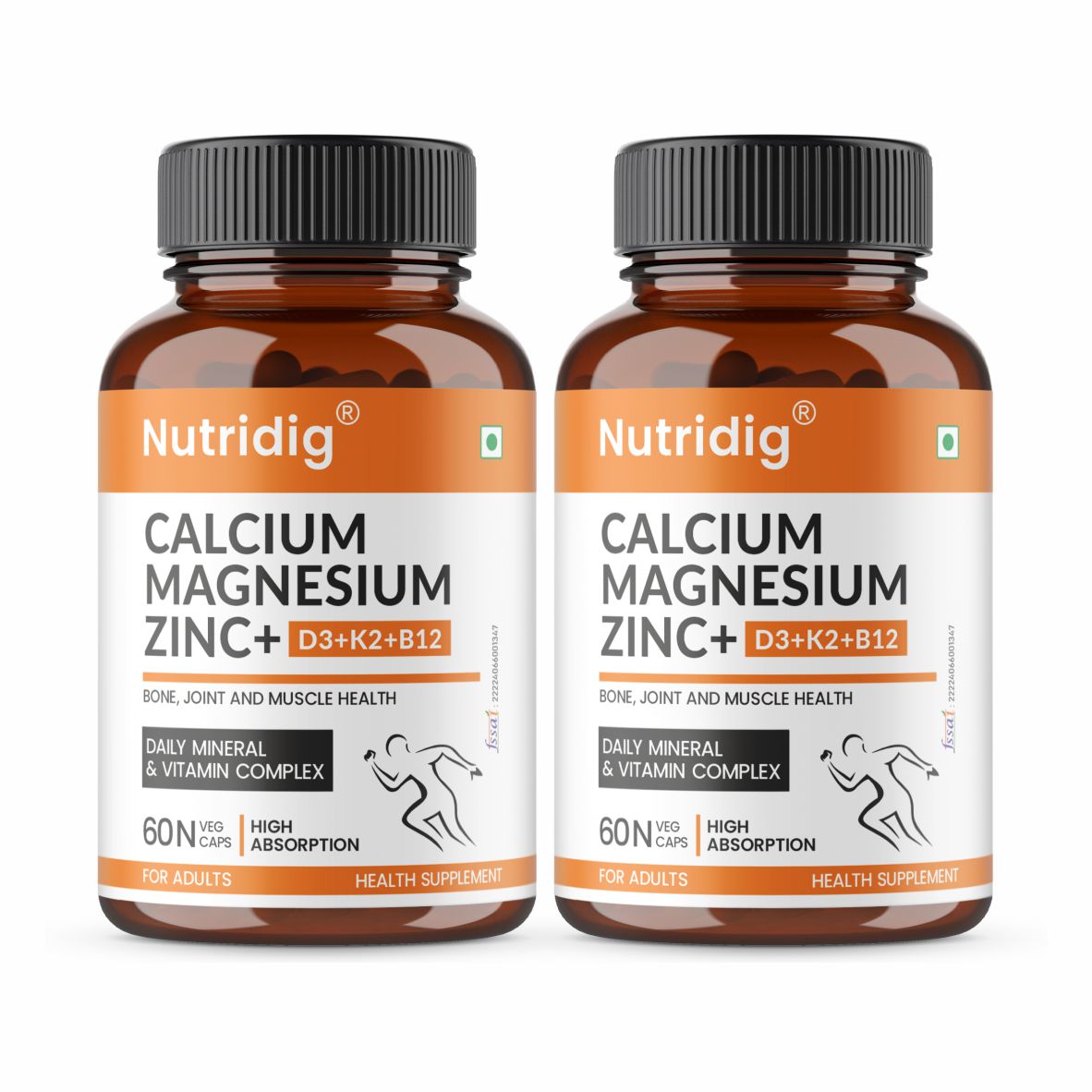 Calcium, Magnesium, Zinc with Vitamin D3, K2 & B12 | Complete Bone, Joint & Muscle Support | 60 Capsules