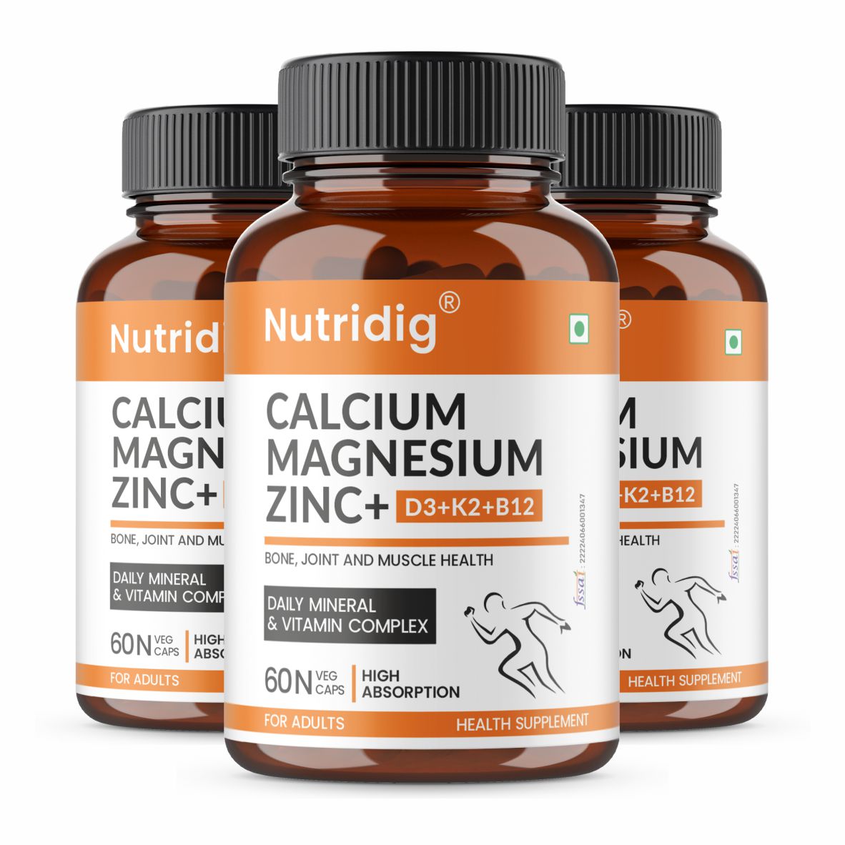 Calcium, Magnesium, Zinc with Vitamin D3, K2 & B12 | Complete Bone, Joint & Muscle Support | 60 Capsules