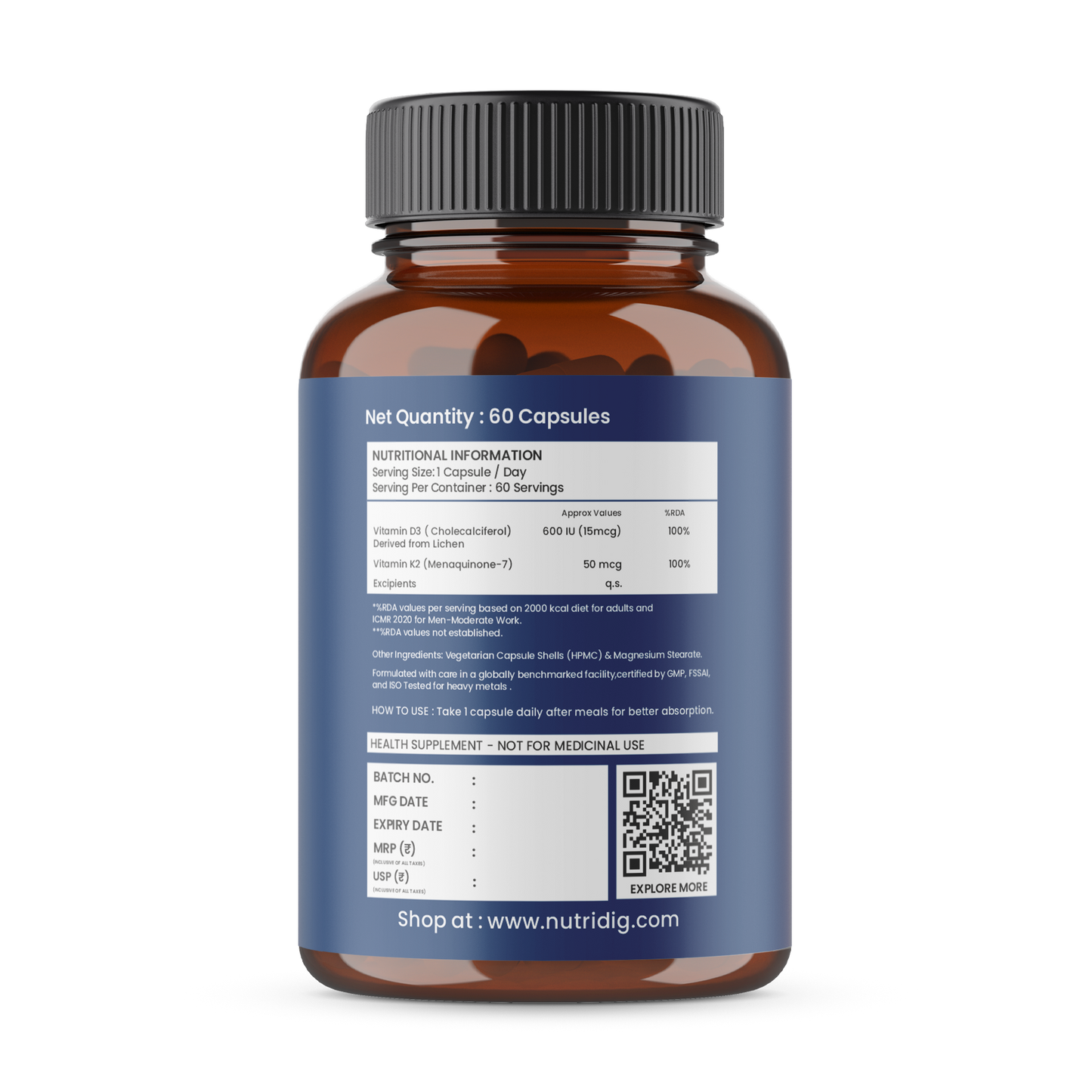 Vitamin D3 + K2 Capsules (Vegan Source) | High Absorption - 60 Capsules