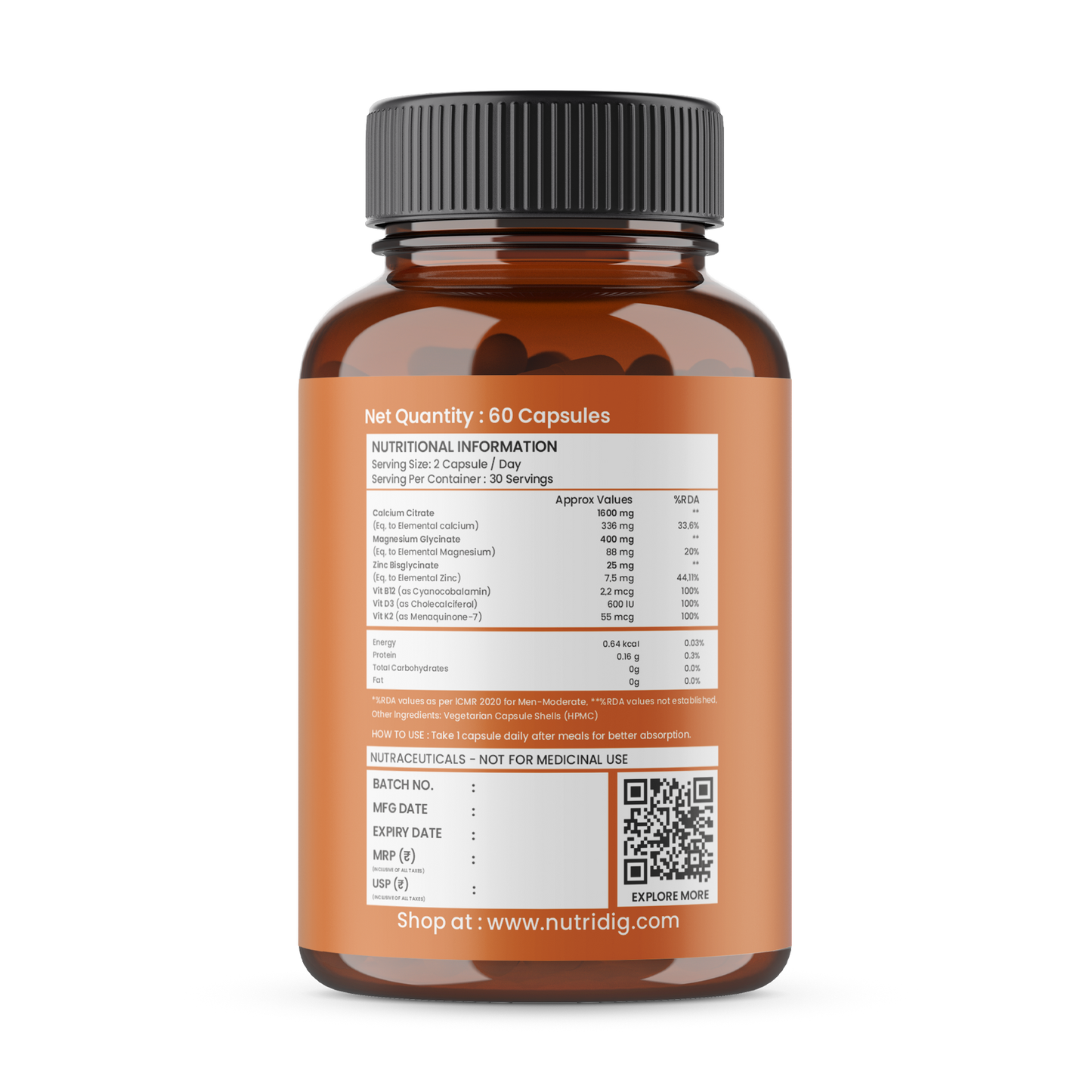 Calcium, Magnesium, Zinc with Vitamin D3, K2 & B12 | Complete Bone, Joint & Muscle Support | 60 Capsules