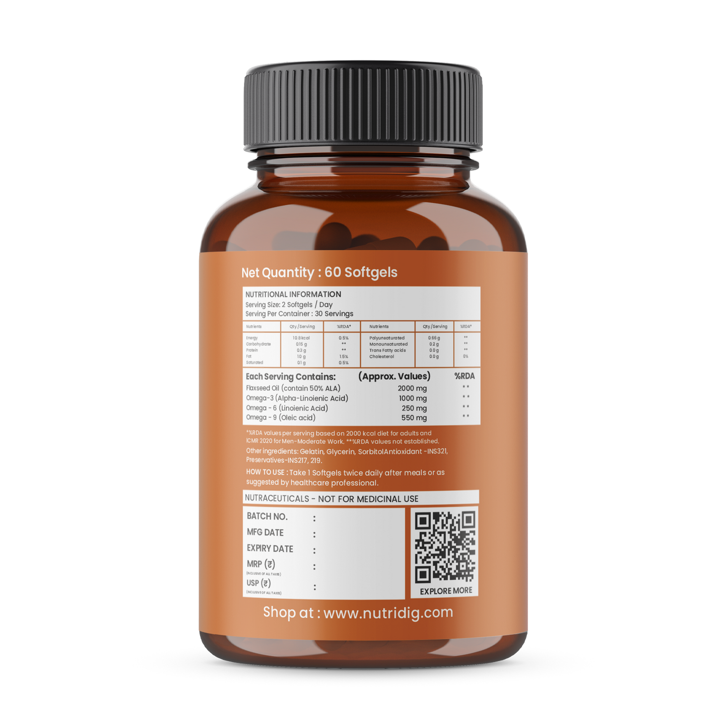 Flaxseed Oil Softgel 1000 mg โ Omega 3-6-9 for Heart, Joint & Skin โ 60 Softgels