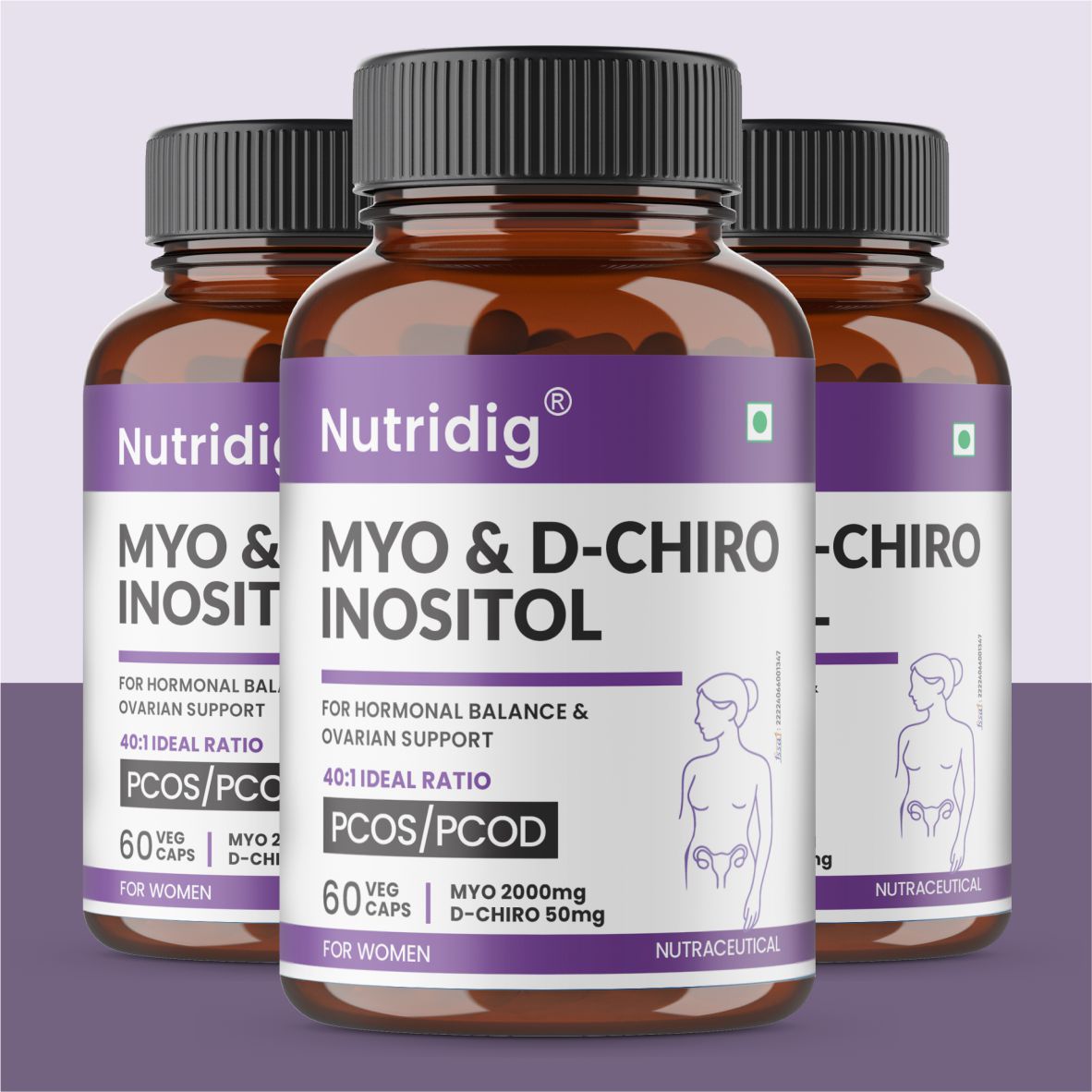 Nutridig® Myo-Inositol & D-Chiro Inositol Capsules – 40:1 Ratio | PCOD, Hormonal Balance & Wellness - 60 Caps