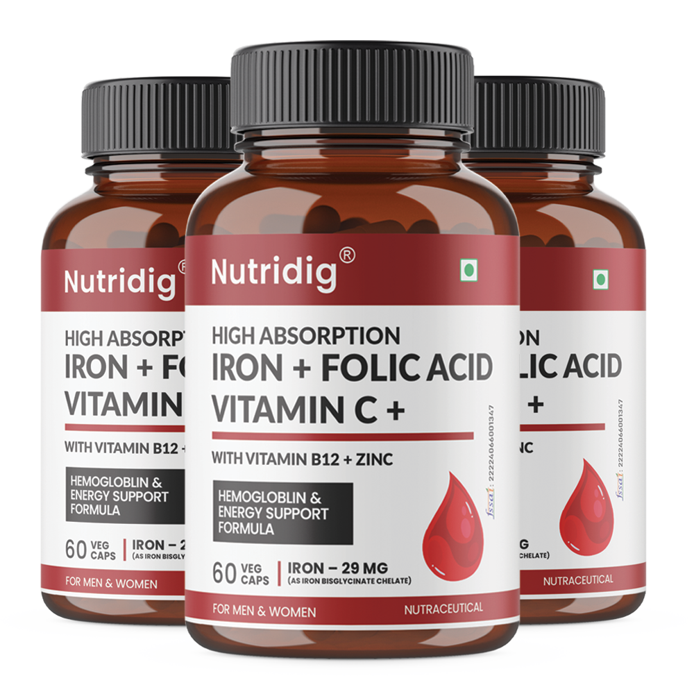 High Absorption Iron with Folic Acid, Vitamin C, B12 & Zinc – 60 Veg Capsules