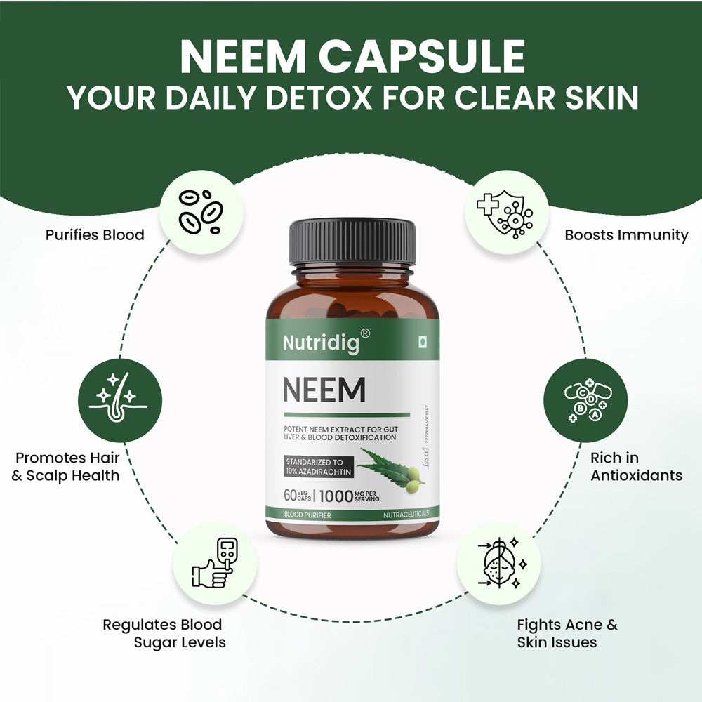 Neem Extract Capsules ā Standardized to 10% Azadirachtin | Detox ā 60 Veg Capsules