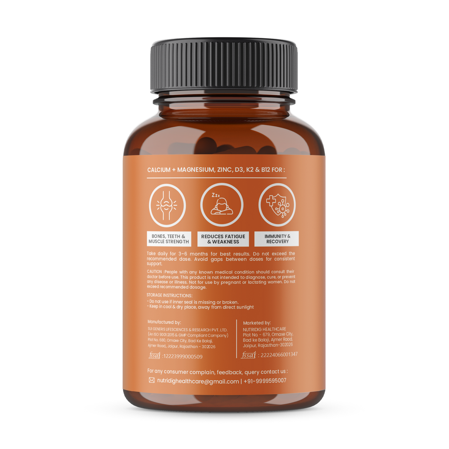 Calcium, Magnesium, Zinc with Vitamin D3, K2 & B12 | Complete Bone, Joint & Muscle Support | 60 Capsules