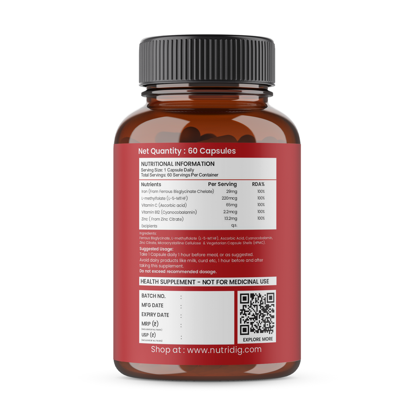 High Absorption Iron with Folic Acid, Vitamin C, B12 & Zinc – 60 Veg Capsules