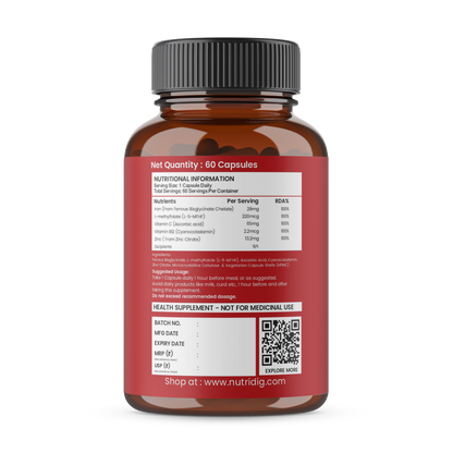 High Absorption Iron with Folic Acid, Vitamin C, B12 & Zinc – 60 Veg Capsules