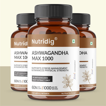Nutridig® Ashwagandha Max 1000 mg – High Potency 60 Capsules | Stress Relief, Vigor & Immunity Supplement