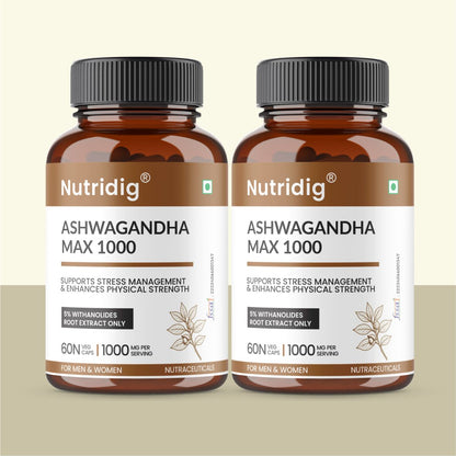Nutridig® Ashwagandha Max 1000 mg – High Potency 60 Capsules | Stress Relief, Vigor & Immunity Supplement