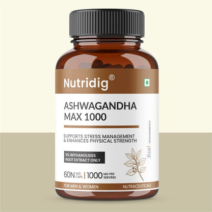 Nutridig® Ashwagandha Max 1000 mg – High Potency 60 Capsules | Stress Relief, Vigor & Immunity Supplement