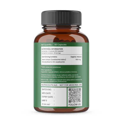 Neem Extract Capsules – Standardized to 10% Azadirachtin | Detox – 60 Veg Capsules
