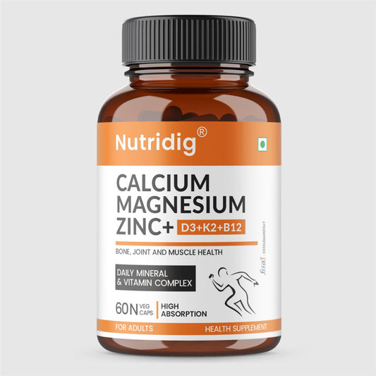Calcium, Magnesium, Zinc with Vitamin D3, K2 & B12 | Complete Bone, Joint & Muscle Support | 60 Capsules
