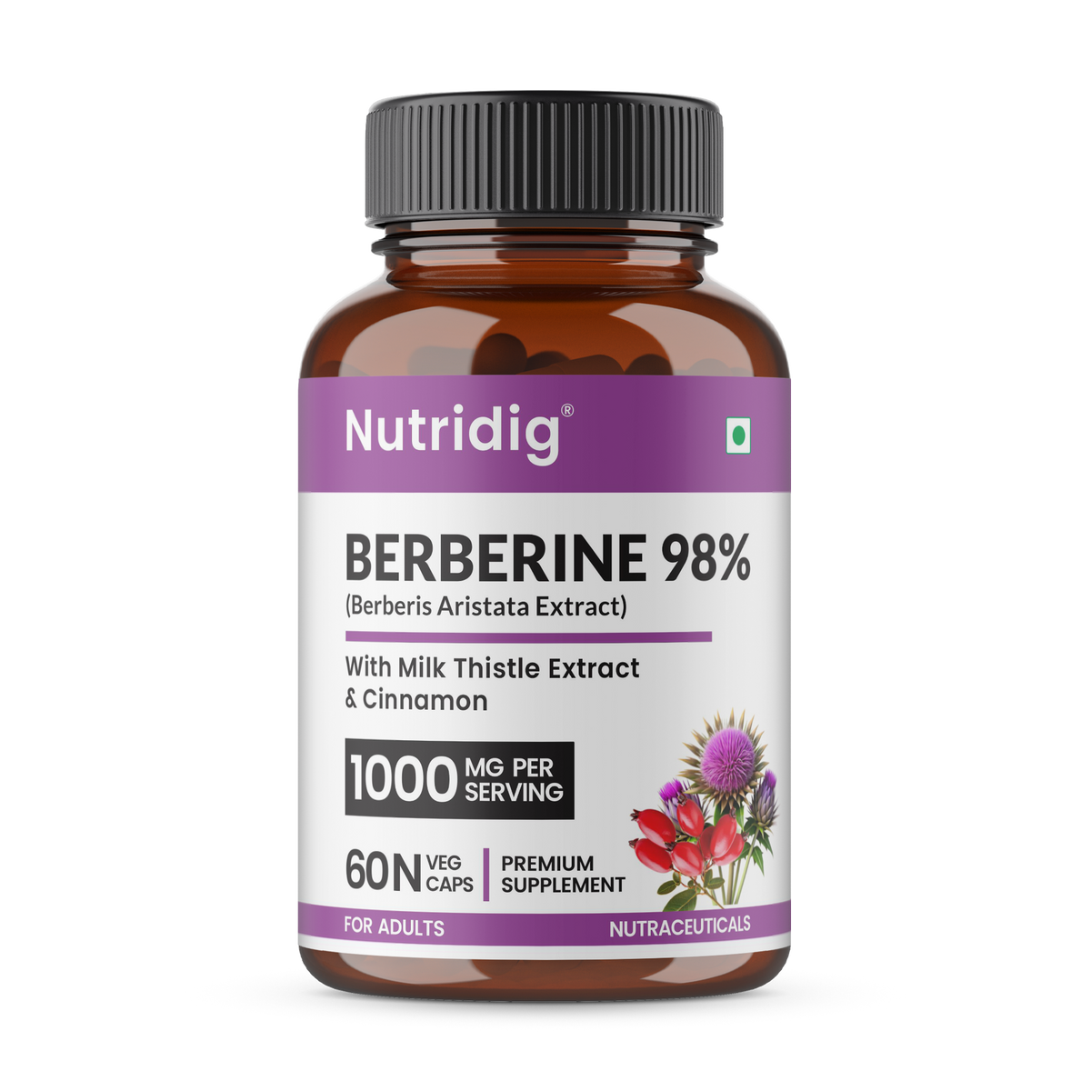 Nutridig Berberine 98% Capsules | 1000 mg Per Serving | Berberis Aristata Extract with Milk Thistle & Cinnamon - For Men & Women | 60 Vegetarian Capsules