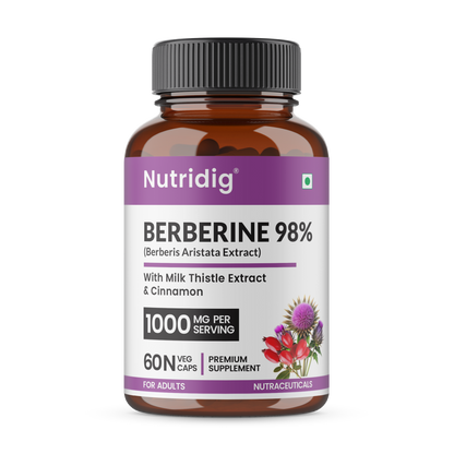 Nutridig Berberine 98% Capsules | 1000 mg Per Serving | Berberis Aristata Extract with Milk Thistle & Cinnamon - For Men & Women | 60 Vegetarian Capsules