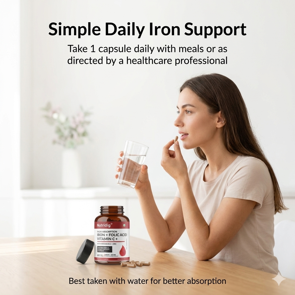 High Absorption Iron with Folic Acid, Vitamin C, B12 & Zinc – 60 Veg Capsules