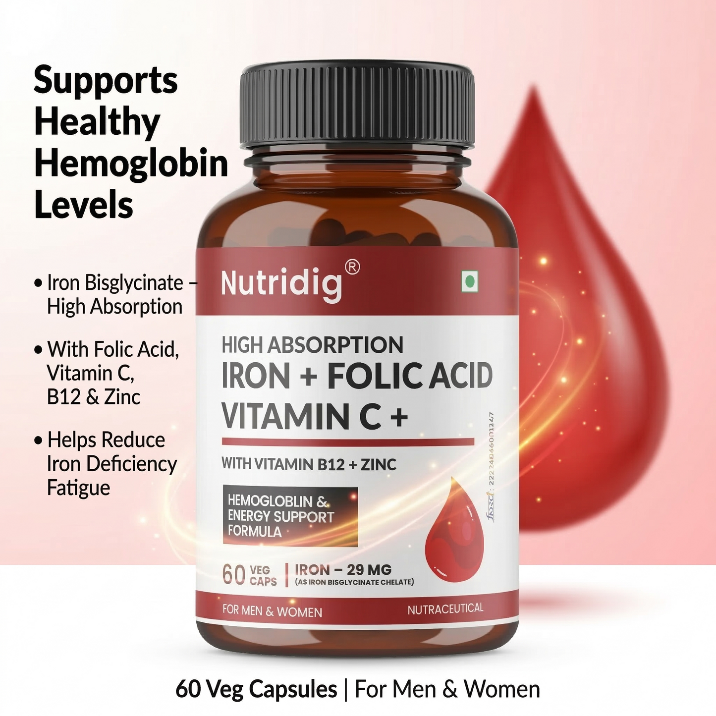 High Absorption Iron with Folic Acid, Vitamin C, B12 & Zinc – 60 Veg Capsules