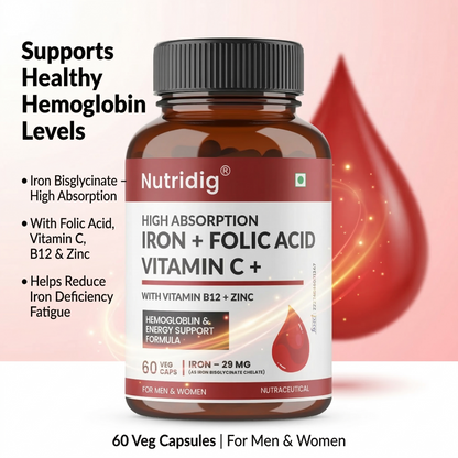 High Absorption Iron with Folic Acid, Vitamin C, B12 & Zinc – 60 Veg Capsules