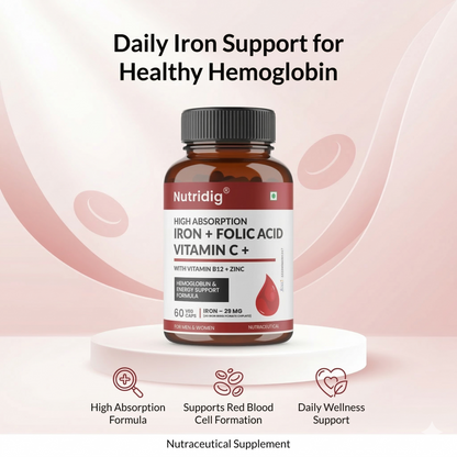 High Absorption Iron with Folic Acid, Vitamin C, B12 & Zinc – 60 Veg Capsules