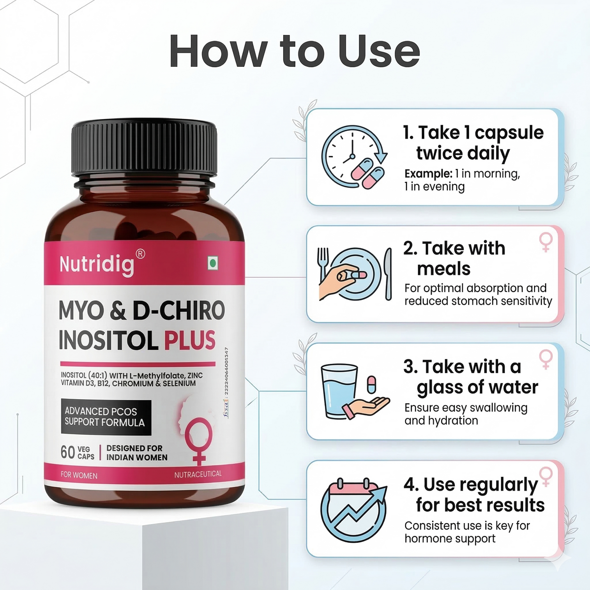 Myo & D-Chiro Inositol Plus with L-Methylfolate, Vitamin D3, B12, Chromium & Zinc – Advanced PCOS Support Formula for Women | 60 Veg Capsules