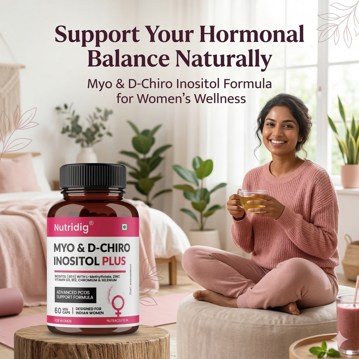 Myo & D-Chiro Inositol Plus with L-Methylfolate, Vitamin D3, B12, Chromium & Zinc – Advanced PCOS Support Formula for Women | 60 Veg Capsules