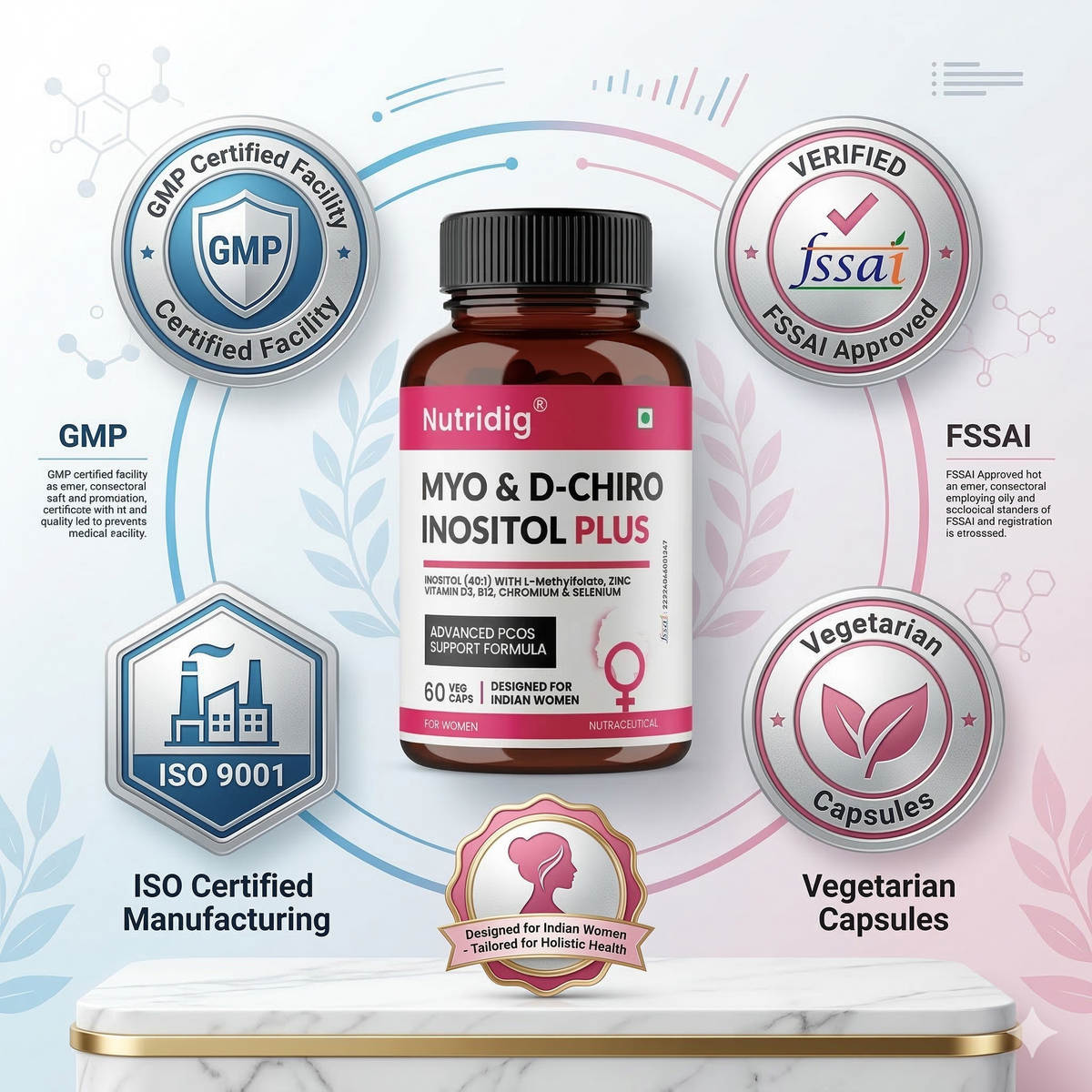 Myo & D-Chiro Inositol Plus with L-Methylfolate, Vitamin D3, B12, Chromium & Zinc – Advanced PCOS Support Formula for Women | 60 Veg Capsules
