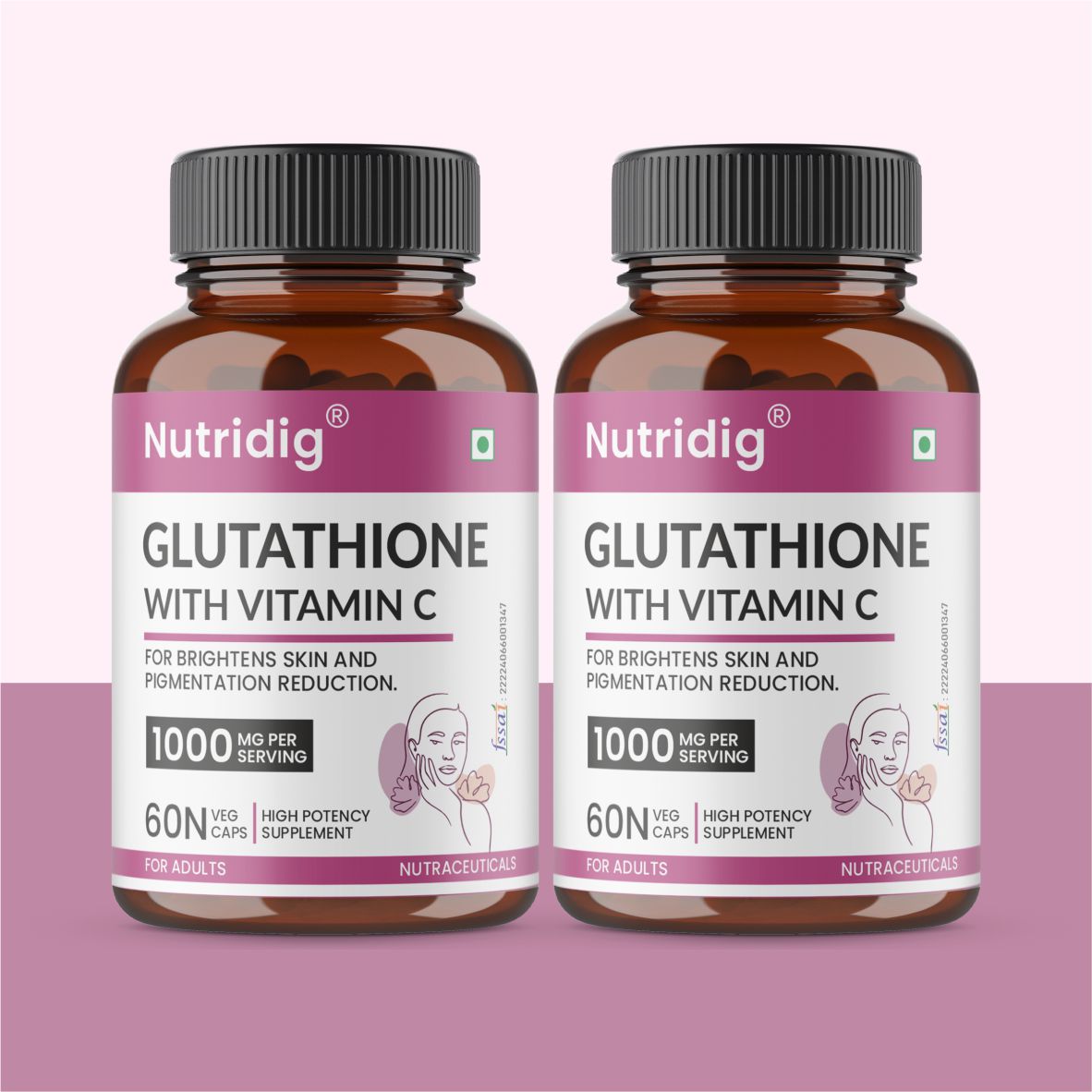 Nutridig® L-Glutathione Skin Brightening Capsules with Vitamin C, Zinc, Biotin | 60 Capsules