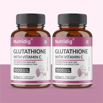 Nutridig® L-Glutathione Skin Brightening Capsules with Vitamin C, Zinc, Biotin | 60 Capsules