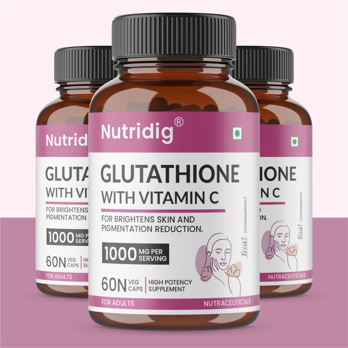 Nutridig® L-Glutathione Skin Brightening Capsules with Vitamin C, Zinc, Biotin | 60 Capsules