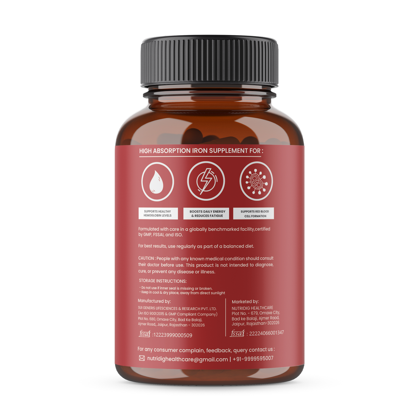 High Absorption Iron with Folic Acid, Vitamin C, B12 & Zinc – 60 Veg Capsules