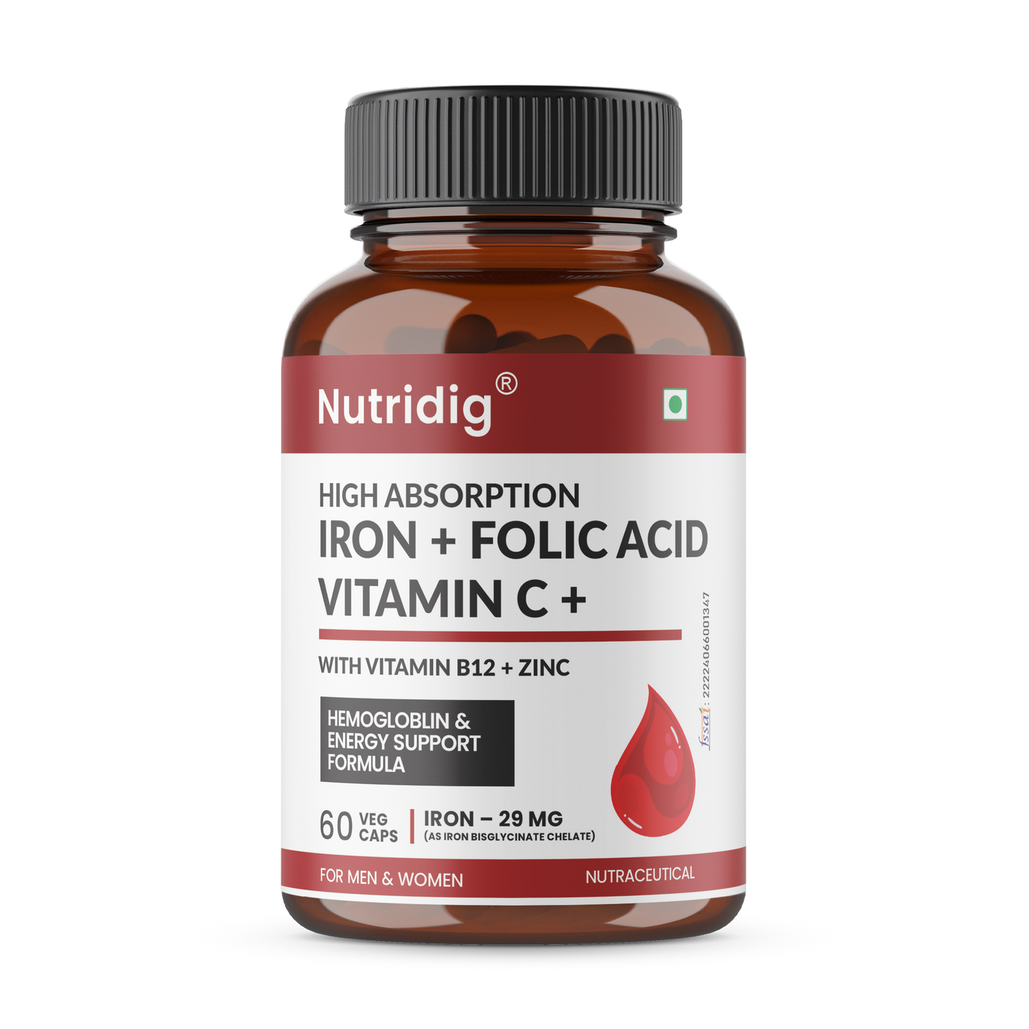 High Absorption Iron with Folic Acid, Vitamin C, B12 & Zinc – 60 Veg Capsules
